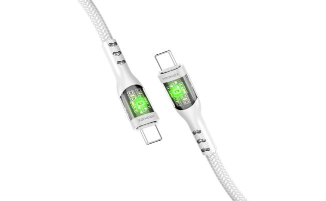 Promate TransLine-CC USB-C to USB-C Cable 60W Power Delivery Transparent Shells 120cm Nylon Braided Cord - White