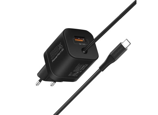 Promate PowerPort-PDQC3 USB-C Charger Premium 33W with 22.5W Quick Charge 3.0 Port & 1.5M Type-C Cable EU Interface - Black