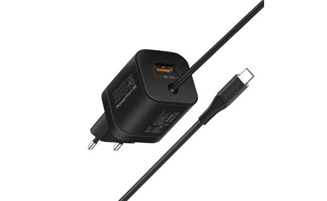 Promate PowerPort-PDQC3 USB-C Charger Premium 33W with 22.5W Quick Charge 3.0 Port & 1.5M Type-C Cable EU Interface - Black