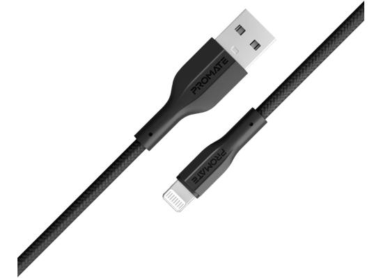 Promate XCord-Ai USB-A to Lightning Cable Super-Fast Charger 1M Anti-Tangle Silicone Cord - Black