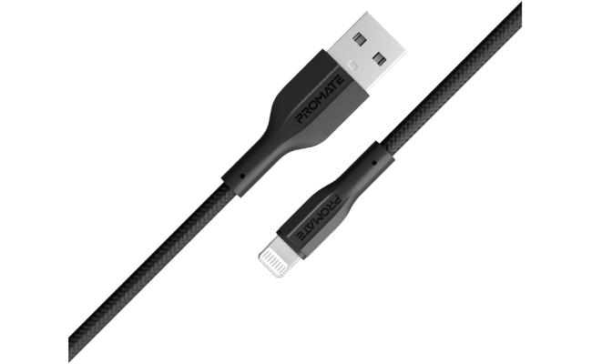 Promate XCord-Ai USB-A to Lightning Cable Super-Fast Charger 1M Anti-Tangle Silicone Cord - Black