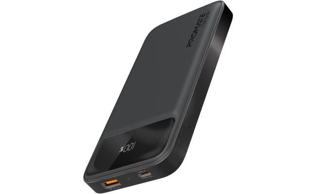Promate Torq-10 Power Bank Universal 10000mAh Ultra-Slim 20W USB-C Port QC 3.0 18W Port Built-In Kickstand LCD Screen & Over-Heating Protection