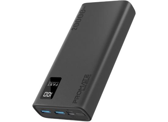 Promate Bolt-20Pro 20000Mah Slim Power Bank Dual USB 10W Type-C Smart LED Display & Safe Adaptive Charging for Smartphones - Black