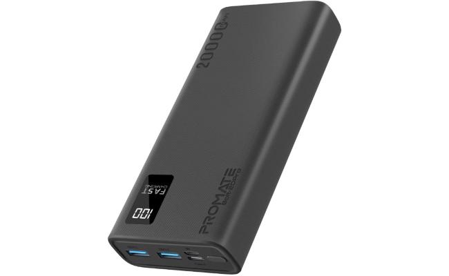 Promate Bolt-20Pro 20000Mah Slim Power Bank Dual USB 10W Type-C Smart LED Display & Safe Adaptive Charging for Smartphones - Black