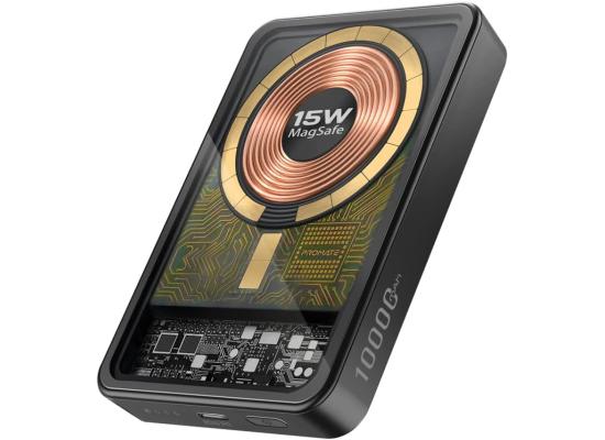 Promate LucidPack-10 Premium 10000mAh Transparent Battery Pack with 15W Magnetic Charging 20W USB-C Over Charging Protection - Black