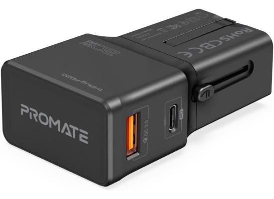 Promate TriPlug-PD20 Universal Compact 20W Travel Adapter Fast Charge 3.0 US/UK/EU/AU Plug Stylish Sliding Design - Black