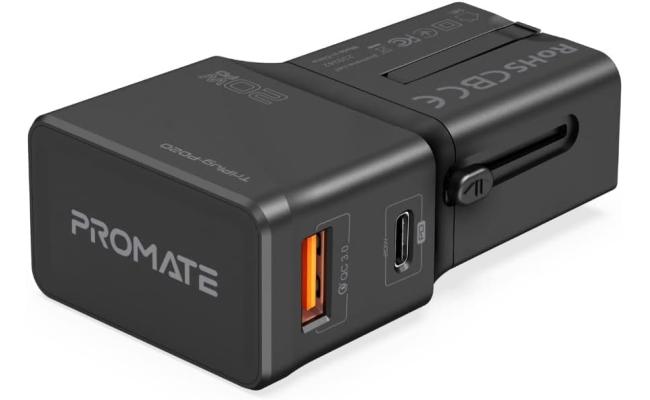 Promate TriPlug-PD20 Universal Compact 20W Travel Adapter Fast Charge 3.0 US/UK/EU/AU Plug Stylish Sliding Design - Black