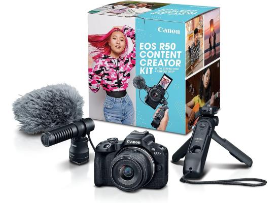Canon EOS R50 Content Creator Kit Mirrorless Vlogging Camera 24.2 MP 4K Video RF-S18-45mm F4.5-6.3 IS STM Lens Stereo Microphone & Tripod Grip