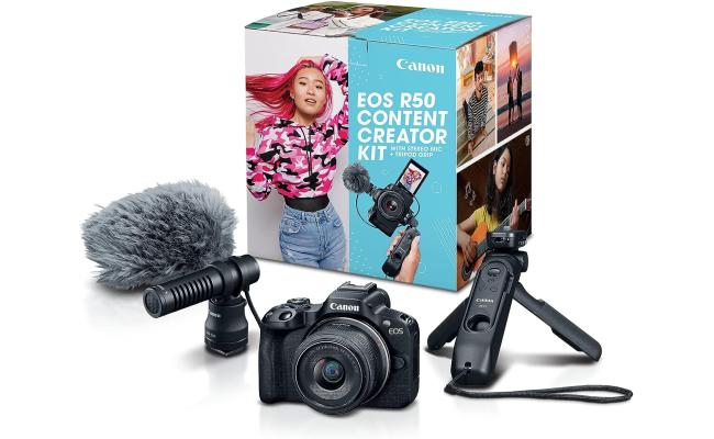Canon EOS R50 Content Creator Kit Mirrorless Vlogging Camera 24.2 MP 4K Video RF-S18-45mm F4.5-6.3 IS STM Lens Stereo Microphone & Tripod Grip