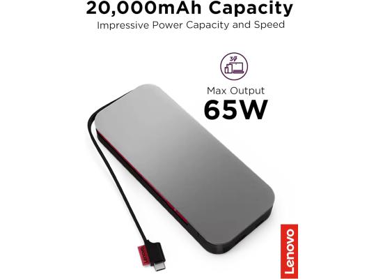 Lenovo Go USB-C Laptop Power Bank 20000 mAh 65W USB-C & USB-A Ports Fast Charging Portable Power Station with Integrated Cable - Storm Grey