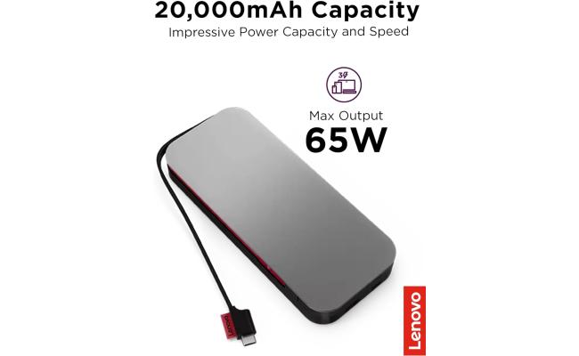 Lenovo Go USB-C Laptop Power Bank 20000 mAh 65W USB-C & USB-A Ports Fast Charging Portable Power Station with Integrated Cable - Storm Grey