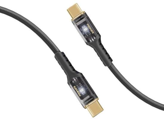 Promate LucidLine-CC120 USB-C™ to USB-C™ Cable Fast-Charging 100W with Transparent Tips LED 480Mbps Data Sync 120cm Nylon Braided - Black