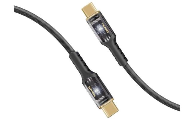 Promate LucidLine-CC120 USB-C™ to USB-C™ Cable Fast-Charging 100W with Transparent Tips LED 480Mbps Data Sync 120cm Nylon Braided - Black