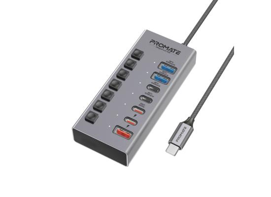 Promate GegaHub-10G 7-in-1 USB-C Multiport Hub, Dual USB-C and USB-A Ports with 10Gbps Data Transfer, Fast Charging USB-C and USB-A Ports, 20W USB-C PD Port, Individual Power Switch and Plug Play