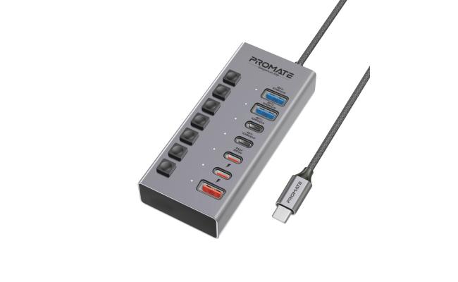 Promate GegaHub-10G 7-in-1 USB-C Multiport Hub, Dual USB-C and USB-A Ports with 10Gbps Data Transfer, Fast Charging USB-C and USB-A Ports, 20W USB-C PD Port, Individual Power Switch and Plug Play