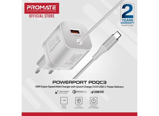 Promate PowerPort-PDQC3 USB-C Charger Premium 33W with 22.5W Quick Charge 3.0 Port & 1.5M Type-C Cable EU Interface - White