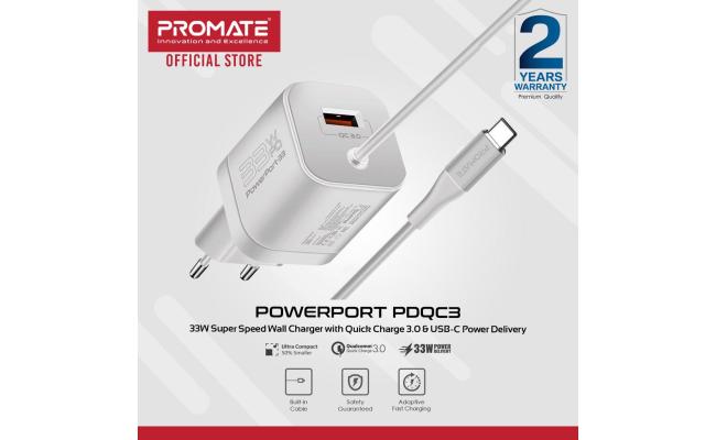 Promate PowerPort-PDQC3 USB-C Charger Premium 33W with 22.5W Quick Charge 3.0 Port & 1.5M Type-C Cable EU Interface - White Promate PowerPort-PDQC3 USB-C Charger Premium 33W with 22.5W Quick Charge 3.0 Port & 1.5M Type-C Cable EU Interface - White