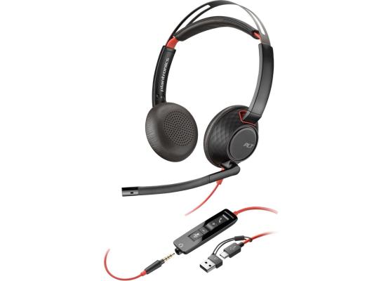 Poly Blackwire 5220 Stereo Headset 32mm Driver Size Omnidirectional Microphone Style, 3.5mm Plug + USB-C & USB-A Adapter Connectivity, Black