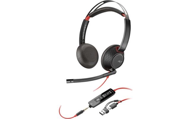 Poly Blackwire 5220 Stereo Headset 32mm Driver Size Omnidirectional Microphone Style, 3.5mm Plug + USB-C & USB-A Adapter Connectivity, Black