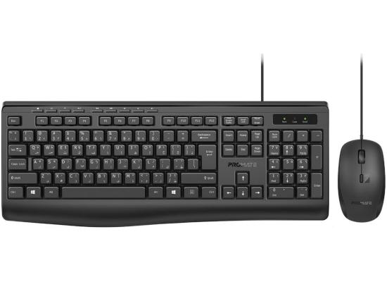 Promate Combo-CM4 Wired Keyboard & Mouse Combo Slim Quiet Keyboard 2400 DPI Mouse Spill-Resistance Media Keys For MAC & Windows USB Arabic / English Layout