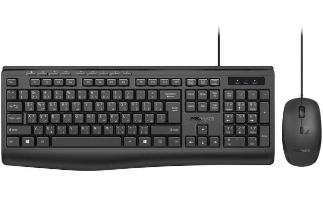 Promate Combo-CM4 Wired Keyboard & Mouse Combo Slim Quiet Keyboard 2400 DPI Mouse Spill-Resistance Media Keys For MAC & Windows USB Arabic / English Layout