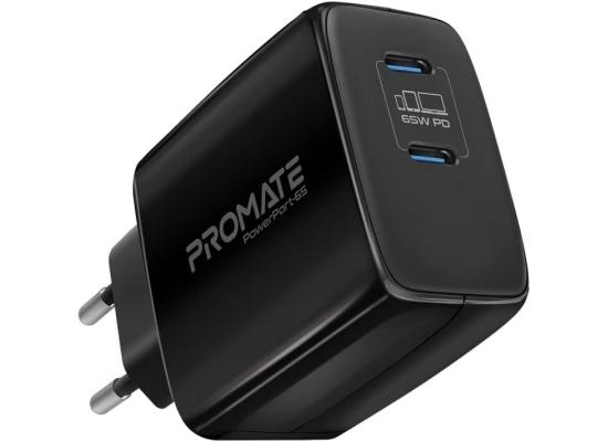Promate PowerPort-65 65W USB-C Universal Powerful GaN Tech Fast Chargerw/ 2 Type-C Port Adaptive Charging & Over-Charging Protection