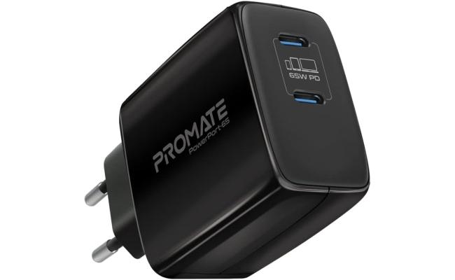 Promate PowerPort-65 65W USB-C Universal Powerful GaN Tech Fast Chargerw/ 2 Type-C Port Adaptive Charging & Over-Charging Protection