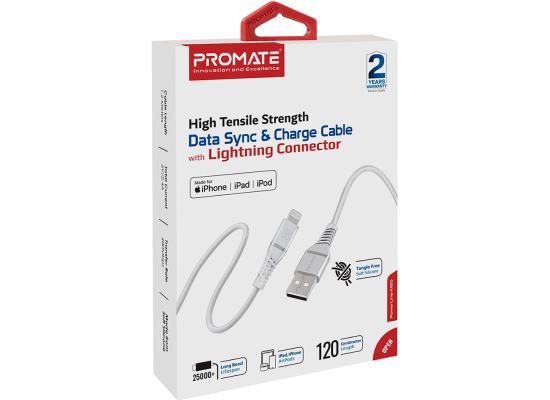 Promate USB-A to Lightning Cable High Tensile 2.4A Super-Fast USB-A to Lightning Charger 120 cm Anti-Tangle Silicone - White