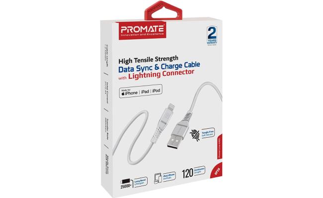 Promate USB-A to Lightning Cable High Tensile 2.4A Super-Fast USB-A to Lightning Charger 120 cm Anti-Tangle Silicone - White