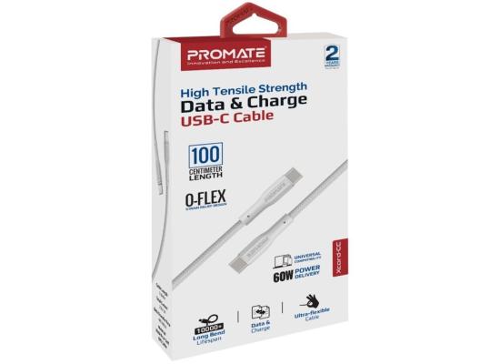 Promate XCord-CC USB-C to USB-C Cable 60W Power Delivery Fast Charging Type-C Cable 1m Anti-Tangle Silicone Cord - White