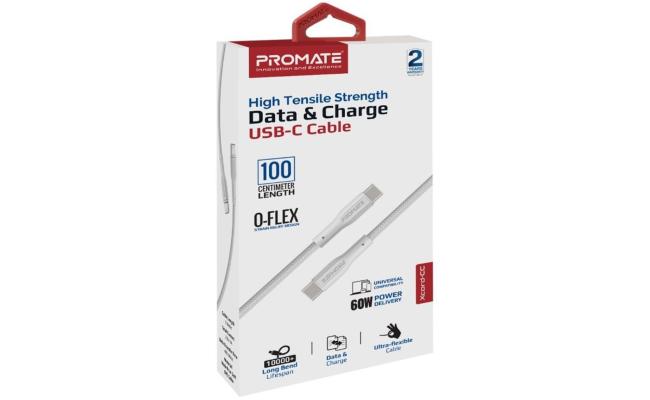 Promate XCord-CC USB-C to USB-C Cable 60W Power Delivery Fast Charging Type-C Cable 1m Anti-Tangle Silicone Cord - White
