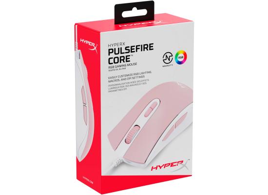 HyperX Pulsefire Core RGB Light Effects & Macro Customization Pixart 3327 Sensor up to 6,200DPI 7 Programmable Buttons Weight 87g - White/Pink