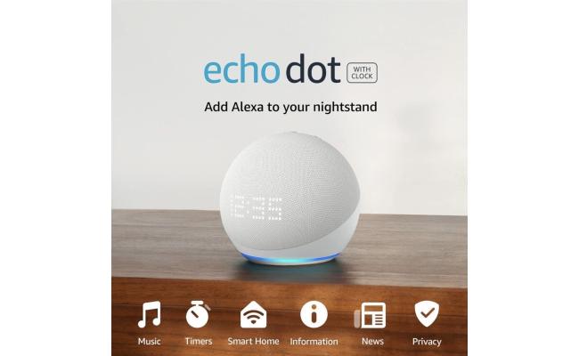 Amazon Echo Dot NEW (5th Gen, 2022 release) With Clock Bigger Vibrant Sound Helpful Routines & Alexa - Glacier White Amazon Echo Dot NEW (5th Gen, 2022 release) With Clock Bigger Vibrant Sound Helpful Routines & Alexa - Glacier White