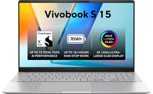 ASUS Vivobook S 15 (2024) S5507QA First Copilot+ PC NEW Snapdragon X Elite 78 12-Cores AI-Powered up to 18 hours w/ Dedicated Copilot  Key & 3K OLED 120Hz Display - Cooler Silver