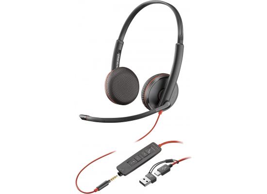 Poly Blackwire 3225 Wired Dual-Ear Boom Mic USB-C+ 3.5mm Plug + USB-C/A Adapter Noise-Canceling Mic For PC & Mac & Mobile