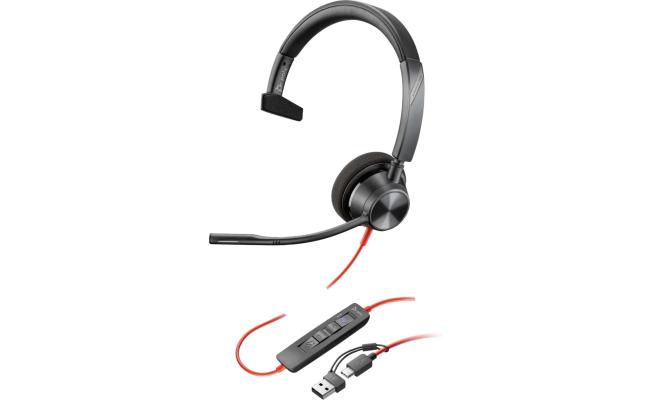 Poly Blackwire 3310 Wired USB Type-A & Wired USB Type-C One-Ear Boom Mic Noise & Echo Reduction For PC & Mac Works with Teams (Certified)