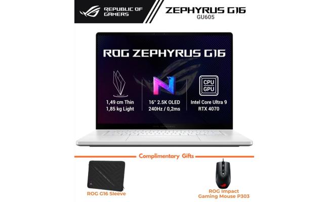 ASUS ROG Zephyrus G16 (2024) GU605MI Intel Core Ultra 9 AI Boost NPU 16-Core w/ Nvidia RTX 4070 8GB & 2.5K OLED 240Hz Display - Platinum White