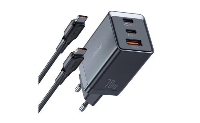 Mcdodo CH-1543 GaN wall charger, 2x USB-C, 1x USB, 67W + USB-C to USB-C cable (black)