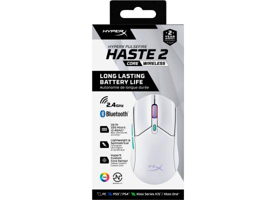 HyperX Pulsefire Haste 2 Core Wireless & Bluetooth Lightweight 59G Long Battery Life Up to 100 hours Long Battery Life Custom Core Sensor - White