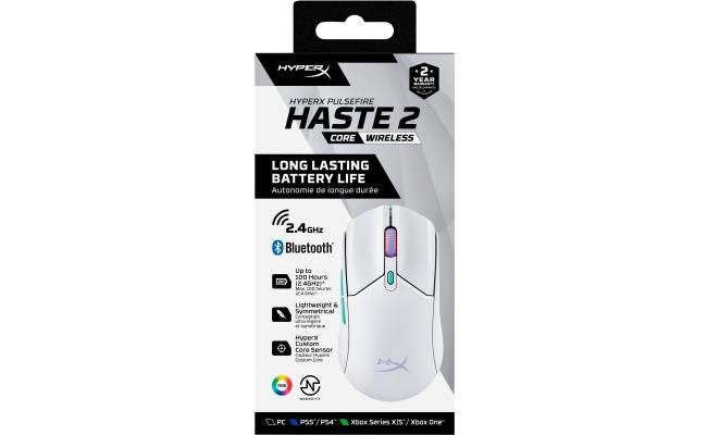 HyperX Pulsefire Haste 2 Core Wireless & Bluetooth Lightweight 59G Long Battery Life Up to 100 hours Long Battery Life Custom Core Sensor - White HyperX Pulsefire Haste 2 Core Wireless & Bluetooth Lightweight 59G Long Battery Life Up to 100 hours Long Battery Life Custom Core Sensor - White