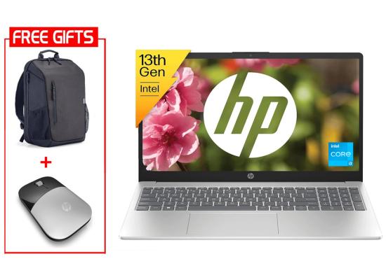 HP Laptop 15-fd0269ne (2024) NEW 13th Gen Intel Core i3 6-Cores Slim Design w/ Backlit Keyboard Bundle ((HP BackPack + HP Z3700 Mouse)) - Silver