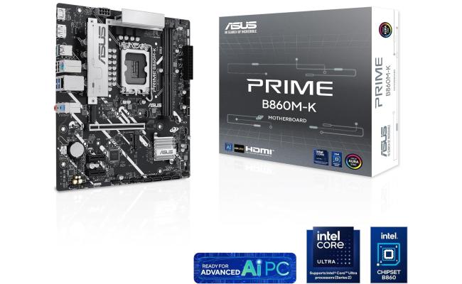 ASUS Prime B860M-K LGA 1851 Micro-ATX Motherboard LGA 1851 Micro-ATX Motherboard, Intel B860 Chipset, 2x DIMM DDR5 Slots, Up to 128GB Max Memory, 1x PCIe 4.0 x16 Slot, 2x M.2 Slots ASUS Prime B860M-K LGA 1851 Micro-ATX Motherboard LGA 1851 Micro-ATX Motherboard, Intel B860 Chipset, 2x DIMM DDR5 Slots, Up to 128GB Max Memory, 1x PCIe 4.0 x16 Slot, 2x M.2 Slots