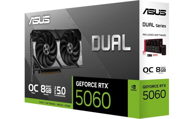 ASUS Dual GeForce RTX 5060 OC Edition Graphics Card, DUAL-RTX5060-O8G, 8GB GDDR7 128-Bit Memory, 2565 MHz Boost Clock, 28 Gbps Memory Speed, 3840 CUDA Cores, PCI Express 5.0