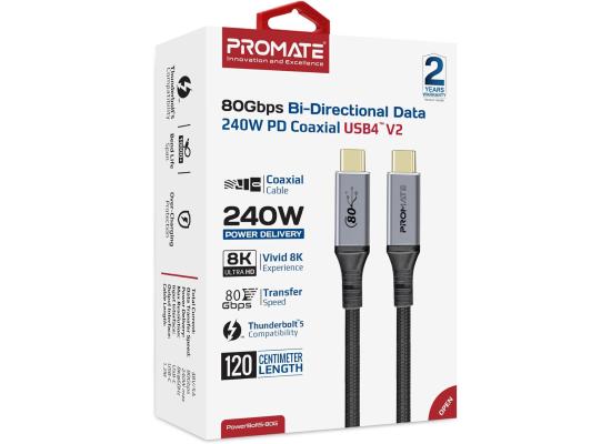 Promate PowerBolt5-80G Thunderbolt 5 USB 4 Cable 80Gbps Data Transfer, 240W Power Delivery, 8K Ultra HD Display Support, USB-C to USB-C 1.2M Cable, Compatible with Thunderbolt 5, Durable Build Black