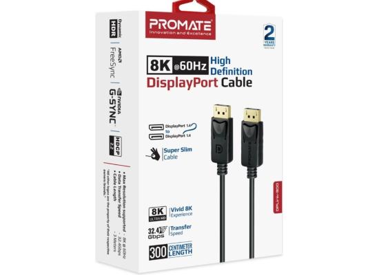 Promate DisplayPort Cable, Premium Ultra HD 8K@60Hz Video Display Cord with 32.4Gbps Bandwidth Transmission, Gold Plated Connectors, 3m Super Slim Cable - Black