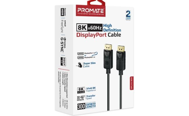 Promate DisplayPort Cable, Premium Ultra HD 8K@60Hz Video Display Cord with 32.4Gbps Bandwidth Transmission, Gold Plated Connectors, 3m Super Slim Cable - Black