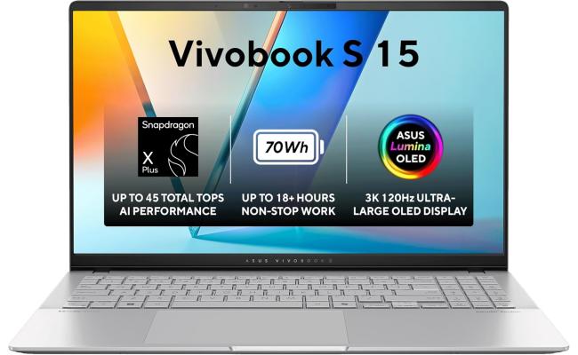 ASUS Vivobook S 15 (2024) K5507QA Copilot+ PC NEW Snapdragon X Plus 8-Cores AI-Powered w/ BIG Battery & 3K OLED 120Hz Display - Cooler Silver