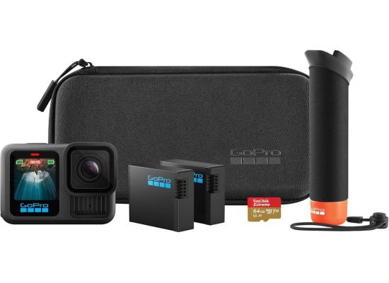GoPro Hero13 Accessory Bundle Action Camera, 27.6MP Active Pixels, Includes The Handler, 2 Enduro Batteries, 2 Curved Adhesive Mounts, 64GB SanDisk MicroSD Card, & Carrying Case, Black
