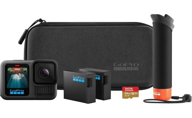 GoPro Hero13 Accessory Bundle Action Camera, 27.6MP Active Pixels, Includes The Handler, 2 Enduro Batteries, 2 Curved Adhesive Mounts, 64GB SanDisk MicroSD Card, & Carrying Case, Black