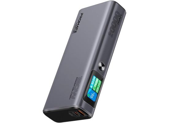 Promate Titan-130 Universal 20000mAh Ultra-Slim Portable Power Pack with 130W Power Delivery, Smart TFT LCD Screen, USB-A QC 3.0, Dual USB-C Input/Output Ports, and Over-Heating Protection